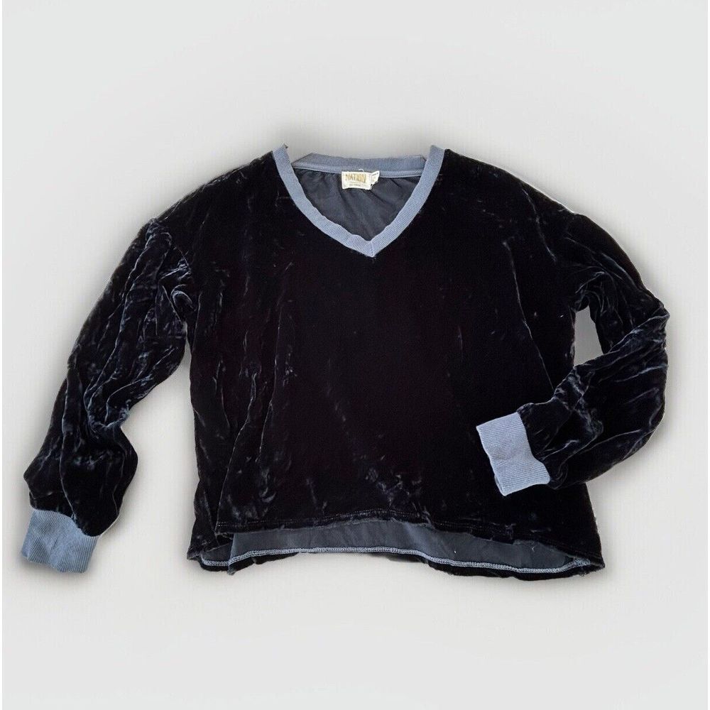 Nation LTD Velvet Sweatshirt Womens M Black Silk Blend V-Neck High-Low Pullover